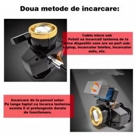 Lanterna de cap, PYRAMID®, 800 lumeni, incarcare solara, senzor miscare, zoom, pescuit, service auto, electricieni, L102