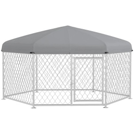 Cusca de exterior pentru caini 2,1 x 1,85 x 1,5m cu acoperis impermeabil - Argintiu