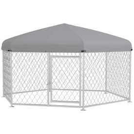 Cusca de exterior pentru caini 2,1 x 1,85 x 1,5m cu acoperis impermeabil - Argintiu