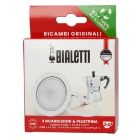 Set 3 garnituri + 1 sita Bialetti Moka Pot aluminiu 3-4 cupe