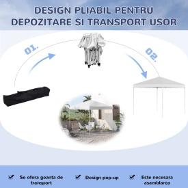 Foisor pliabil impermeabil Outsunny cu franghii si cuie incluse 2.45 x 2.45 x 2.45 m - Alb