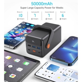 Mini statie de alimentare 50000mAh 65W + cablu USB-C, powerbank Choetech USB-A USB-C micro USB 50000mAh 65W, negru
