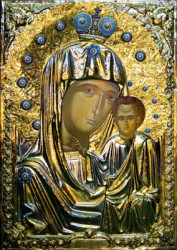 Icoana Ortodoxă pentru Iconostas, Maica Domnului Kazan,cu argint și aur