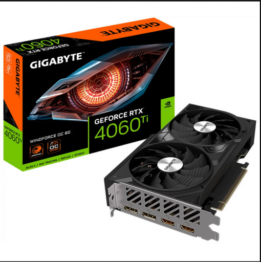 GeForce RTX™ 4060 Ti (8GB) GDDR6 128 bit PCI-E 4.0 DisplayPort 1.4a*2 HDMI 2.1a*2 https://www.gigabyte.com/Graphics-Card/GV-N406TWF2OC-8GD/sp#sp