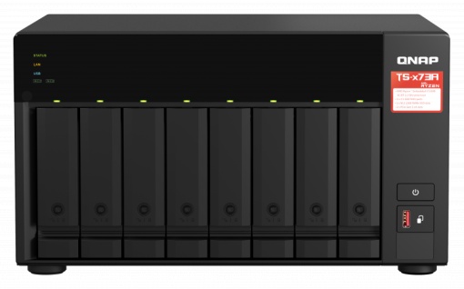NAS QNAP 873A 8-Bay, CPU AMD Ryzen V1000 series V1500B 4C/8T 2.2GHz, RAM 8GB (1x 8GB) DDR4 (2 x SODIMM slots, max. 64GB, suport optional ECC RAM), 8x 2.5/3.5 SATA 6Gbps, 2x M.2 2280 NVMe PCIe Gen3 x1 HDD (neincluse), LAN: 2 x 2.5GbE (optional port 10GbE