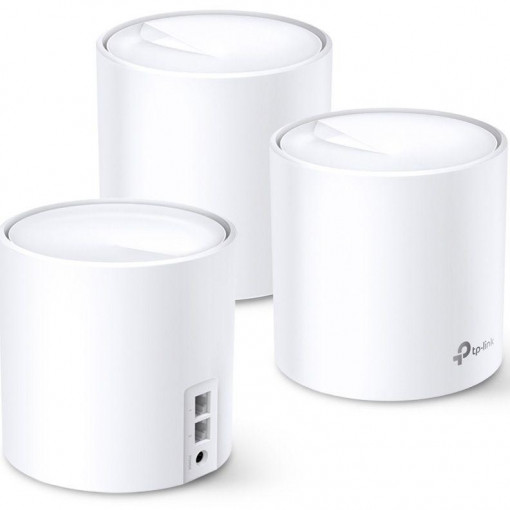 TP-Link AX3000 whole home mesh Wi-Fi 6 System, Deco X60(3-pack); Standarde Wireless: IEEE 802.11 ax/ac/n/a 5 GHz, IEEE 802.11 ax/n/g/b 2.4 GHz, 2 LAN/WAN Gigabit Ethernet Ports, Qualcomm 1 GHz Quad-core CPU, 4 internal antennas per Deco unit, 2402 Mbps