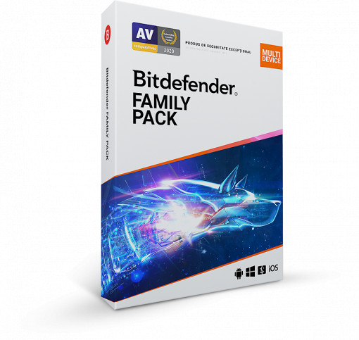 Licenta retail Bitdefender Family Pack - protectie anti-malwarecompleta pentru toata familia, disponibila pentru Windows, macOS, iOS si Android, valabila pentru 1 an, 15 dispozitive, new.