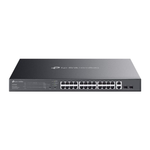 Omada 28-Port Gigabit Easy Managed Switch with 24-Port PoE+ PORT: 24× Gigabit PoE+ Ports, 2x Gigabit Non-PoE Ports, 2× Gigabit SFP Ports SPEC: 802.3at/af, 384W PoE Power, 1U 19-inch Rack-mountable Steel Case FEATURE: Integration with Omada SDN Controller