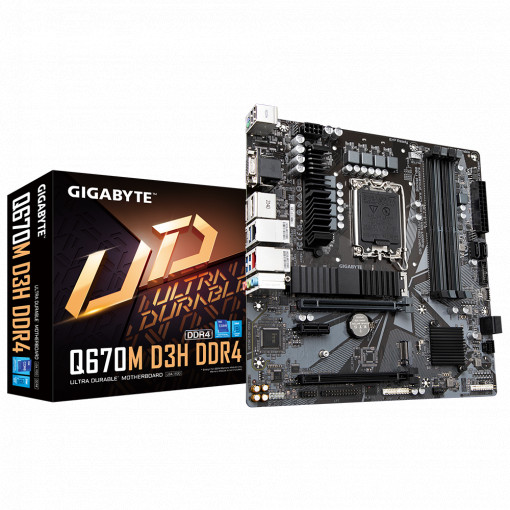 Placa de baza Gigabyte Q670 D3H LGA1700, 4x DDR4, 1x D-Sub, 1x HDMI, 1x DisplayPort, 2x PCIe 4.0 x16, 1x PCIe 3.0 x1, 2x M.2, 4x SATA 6Gbps, mATX