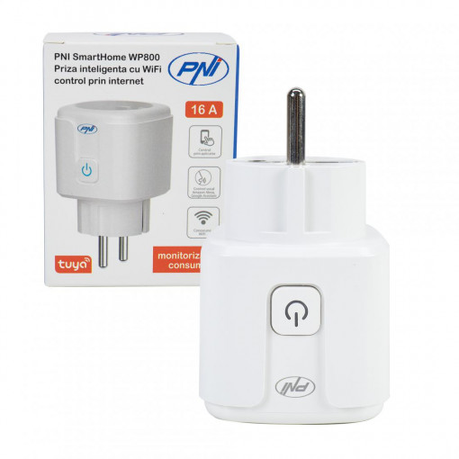Priza inteligenta PNI SmartHome WP800 WiFi control prin internet, App Tuya Smart, compatibila cu Amazon Alexa si Google Home, masoara consumul de energie, Tensiune alimentare: 230V, Sarcina maxima: 3700 W, Distanta transmisie, 50 m exterior, interior 30