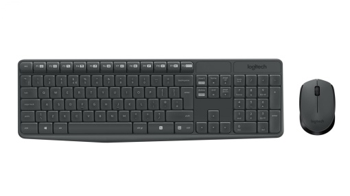 Kit Tastatura + mouse wireless Logitech MK235, interfata USB, distanta de operare pana la 10m, 100 taste, rezolutie mosue 1000 DPI, gri