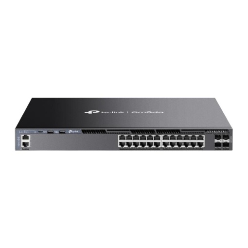 Omada 24-Port Gigabit Stackable L3 Managed Switch with 4 10GE SFP+ Slots PORT: 24× Gigabit RJ45 Ports, 4× 10G SFP+ Slots, RJ45/Type C USB Console Port, Management Port, 2× USB2.0 Ports SPEC: 1U 19-inch Rack-mountable Steel Case FEATURE: Integration with