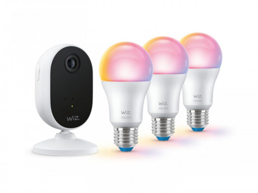 Pachet WiZ Connected cu 3 Becuri LED RGB inteligente A60, Wi-Fi, E27, 8.5W (60W), 806 lm, lumina alba si color (2200-6500K) + Camera video Wi-Fi (2,4GHz), 1080P, 30 FPS, vedere nocturna - 5M, cu detectia miscarii, obiectelor si a persoanelor, microfon
