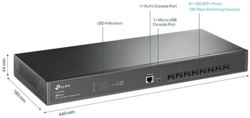 Switch TP-Link TL-SX3008F, JetStream 8-Port 10GE SFP+ L2+ Managed, 8× 10GE SFP+ Slots, 1× RJ45 Console Port, 1× Micro-USB Console Port, Fanless, Rack Mountable, Switching Capacity: 160 Gbps, Packet Forwarding Rate: 119.04 Mpps, Jumbo Frame: 9 KB.