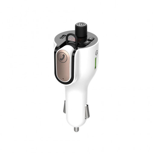 Modulator auto FM Spacer cu casca Bluetooth 5.0, 1xUSB QC3.0 + Type-C; 1xUSB max. 5V/3.1A, earphone 30mAh, 12V-24V, max. 10-15m, mic max. 0-2m, format MP3/WMA, 206 canale 87.5-108Mhz, USB disk, alb