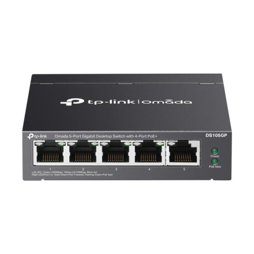 Omada 5-Port Gigabit Desktop Switch with 4-Port PoE+ PORT: 4× Gigabit PoE+ Ports, 1× Gigabit Non-PoE Port SPEC: 802.3af/at, 65 W PoE Power, Desktop Steel Case FEATURE: Plug and Play