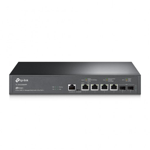 TP-Link JetStream 6-Port 10GE L2+ Managed Switch with 4-Port PoE++ TL- SX3206HPP, Interfata: 4× 100/1000/2500/5000/10000 Mbps, 2× 10G SFP+,1× RJ45 Console Port, 1× Micro-USB Console Port, 2 ventilatoare, Power Budget: 200 W, Dimensiuni: 294× 180 × 44 mm,