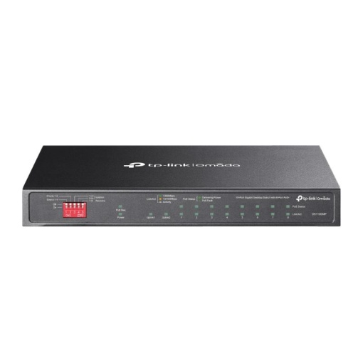 Omada 10-Port Gigabit Desktop Switch with 8-Port PoE+ PORT: 8× Gigabit PoE+ Ports, 2x Gigabit Non-PoE Ports, 1× Combo Gigabit SFP Slot SPEC: 802.3at/af, 123 W PoE Power, Desktop Steel Case FEATURE: Extend Mode for 250m PoE Transmitting, Priority Mode
