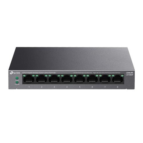 TP-LINK 5-PORT GIGABIT SWITCH LS108GP, interfata 8× 10/100/1000Mbps RJ45 Ports (Ports 1–8 supports 802.3af/at PoE+), AUTO Negotiation, AUTO MDI/MDIX, porturi Standard: 802.3 af/at compliant, PoE Ports: Ports 1–8, pana la 30 W PoE output per port, PoE