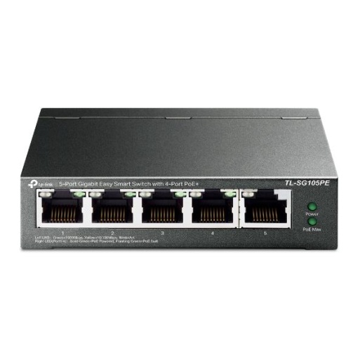 "5-Port Gigabit Easy Smart Switch with 4-Port PoE+ PORT: 4× Gigabit PoE+ Ports, 1× Gigabit Non-PoE Ports SPEC: 802.3at/af, 65 W PoE Power, Desktop Steel Case FEATURE: PoE Auto Recovery, MTU/Port/Tag-based VLAN, QoS, IGMP Snooping, Web/Utility Management,