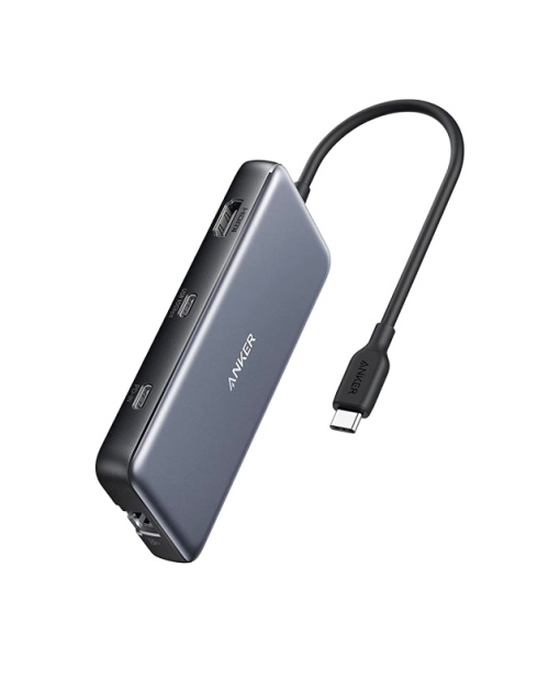 Hub 555 USB-C 8 in 1Anker, 1 x port de intrare USB-C Power Delivery 100W, 1 x port de date USB-C 10Gbps, 2 x porturi de date USB-A, 1 x HDMI 4K@60Hz Port Ethernet 1 Gbps, gri