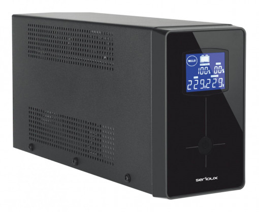 UPS Serioux Line Interactive 600LI, ecran LCD, capacitate 600VA/360W, 2 prize Schuko , baterie 12 V / 7.0 Ah × 1, timp mediu de functionare pe baterii 6.5 min - 50% sarcina, management USB/RJ45, software inclus