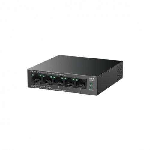 "5-Port Gigabit Desktop Switch with 4-Port PoE+ PORT: 4× Gigabit PoE+ Ports, 1× Gigabit Non-PoE Port SPEC: 802.3af/at, 65 W PoE Power, Desktop Steel Case FEATURE: Extend Mode for 250m PoE Transmitting, PoE Auto Recovery, Plug and Play"