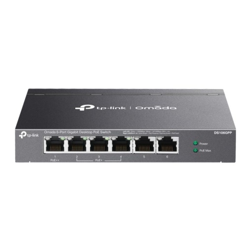Omada 6-Port Gigabit Desktop Switch with 3-Port PoE+ and 1-Port PoE++ PORT: 1× Gigabit PoE++ Port, 3× Gigabit PoE+ Ports, 2x Gigabit Non-PoE Ports SPEC: 802.3af/at/bt type3, 64 W PoE Power, Desktop Steel Case FEATURE: Extend Mode for 250m PoE