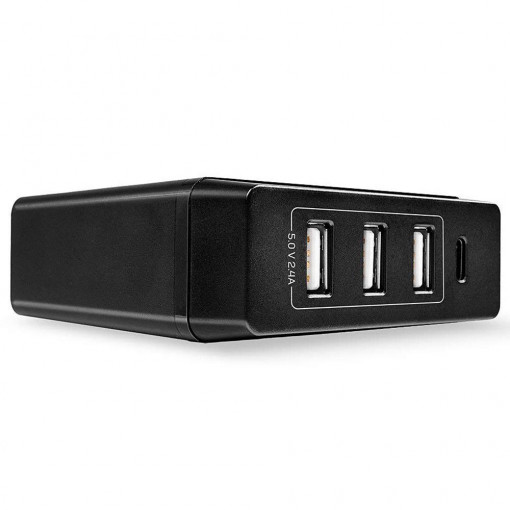 Statie incarcare Lindy 4 porturi USB C si A, putere 72W, conectori: intrare: IEC C8, iesire: 1 x USB C (Female), 3 x USB (Female), negru