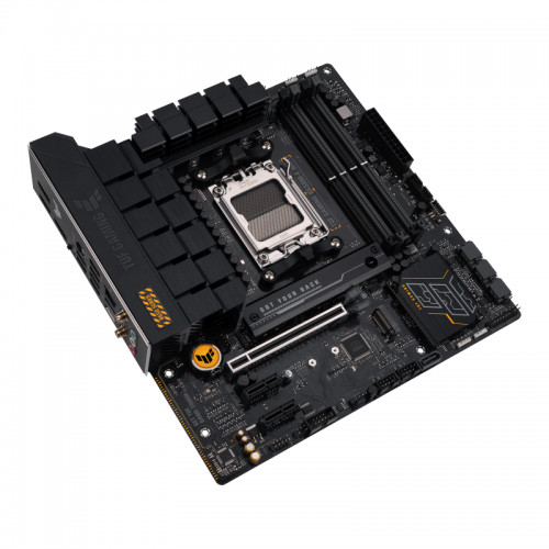 AMD B650 micro-ATX motherboard with 8+2 DrMOS, DDR5, PCIe 5.0 M.2 slot with heatsink, dual M.2 slots, Wi-Fi 6, Realtek 2.5Gb Ethernet, two DisplayPort, HDMI™, front USB 3.2 Gen 1 Type-C® port, BIOS FlashBack™, Two-Way AI Noise Cancelation and Aura Sync