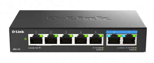 D-Link switch DMS-107, 7 porturi, Standarde si protocoale: IEEE 802.3 10BASE-T, IEEE 802.3u 100BASE-TX, IEEE 802.3ab 1000BASE-T, IEEE 802.3bz 2.5GBASE-T5 porturi Gigabit, 2 porturi 2.5Gbps, Capacitate 20 Gbps, fara ventilator, carcasa metal,