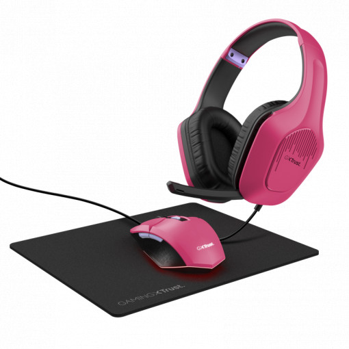 Kit Trust GXT790P TRIDOX 3-IN-1, kit-ul include o pereche de casti de numai 244g cu microfon, culoare roz, un mouse Felox cu iluminare LED si rezolutie maxima 6400 DPI, culoare roz, si un mousepad, culoare negru