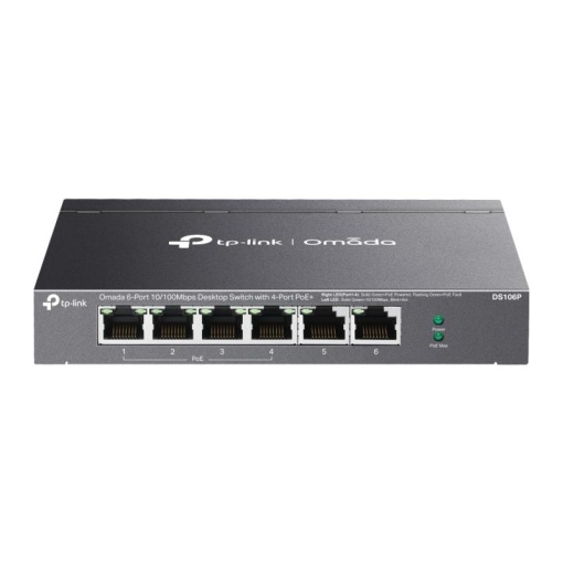 Omada 6-Port 10/100 Mbps Desktop Switch with 4-Port PoE+ PORT: 4× 10/100 Mbps PoE+ Ports, 2× 10/100 Mbps Non-PoE Ports SPEC: 802.3at/af, 67 W PoE Power, Desktop Steel Case FEATURE: Extend Mode for 250m PoE Transmitting, Priority Mode for Port1-2, Plug