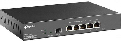 Router TP-Link TL-ER7206, Standarde si protocoale: IEEE 802.3, 802.3u, 802.3ab, interfata: 1x Fixed Gigabit SFP WAN Port, 1x Fixed Gigabit RJ45 WAN Port, 2x Fixed Gigabit RJ45 LAN Ports, 2x Changeable Gigabit RJ45 WAN/LAN Ports, flash: SPI 4MB + NAND