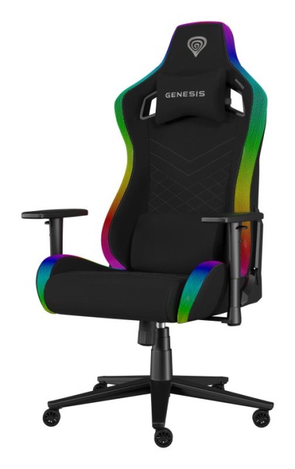Scaun gaming Genesis TRIT 660, material textil, iluminare RGB, reglabil pe inaltime, greutate maxima suportata 150 kg, inaltime scaun reglabil 45 - 52 cm, spatar ajustabil 160°, dimensiuni roti 60mm, echipat cu piston cu gaz clasa 4, manere 2D, negru