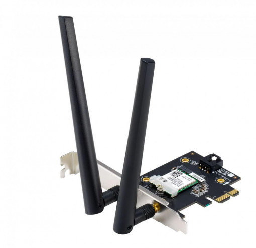 ASUS PCE-AXE5400 Wifi Bluetooth 5.2 PCIe adapter, WI-FI 6, 2.4GHz / 5GHz / 6GHz, greutate: 49.7G, 2 x Antene externe, PCI-Express x 1.