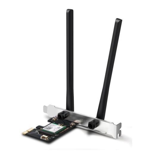 AX3000 Dual-Band Wi-Fi 6 Bluetooth PCI Express Adapter SPEED: 2402 Mbps at 5 GHz + 574 Mbps at 2.4 GHz SPEC: 2× High Gain Dual-Band External Antennas FEATURE: Wi-Fi 6, MU-MIMO, OFDMA, 1024 QAM, HE160, WPA3, Bluetooth 5.2"