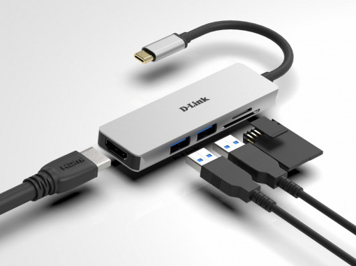 D-Link DUB-M530 5-in-1 USB-C Hub with HDMI and SD/microSD card reader, DUB-M530,1* USB-C connector with USB cable 11.5 cm, 1* HDMI Port, 2* USB Type-APort (USB 3.0), 1* SD card slot, 1* microSD card slot, Weight: 42g.