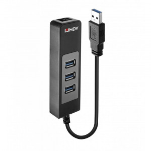 Hub USB Lindy LY-43176, 3 porturi 3.0 + Ethernet, negru - Img 1