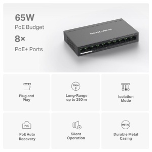 MERCUSYS DESKTOP SWITCH 10PORT MS110P POE, Interfata: 10× 10/100 Mbps, Standarde si protocoale: IEEE 802.3x Flow Control, Dimensiuni: 171*98* 27 mm, Porturi POE: 1-8, Buget POE: 65W. - Img 8