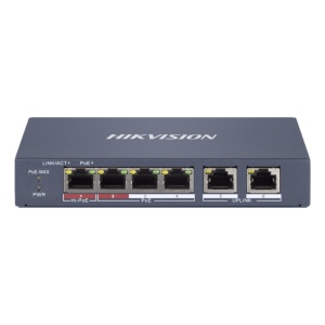 Switch 4 porturi PoE Hikvision DS-3E1106HP-EI 4 × 100 Mbps PoE RJ45 ports, 2 × 100 Mbps network RJ45 ports,IEEE 802.3at/af/bt standard for PoE ports,6 KV surge protection,AF/AT camera can reach up to 300 m in extend mode,Switching Capacity 1.2 Gbps, - Img 2