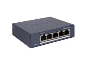 Switch Hikvision DS-3E0505-O: 5 × Gigabit RJ45 ports, 10 Gbps, 1000M network access, alimentare: 5VDC, 0.6A, dimensiuni: 105.00 mm × 27.60 mm × 83.10 mm, greutate: 0.17kg, montare pe birou sau pe perete. - Img 1