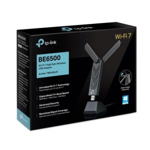 BE6500 High Gain Tri-Band Wi-Fi 7 USB Adapter SPEED: 2882 Mbps at 6 GHz + 2882 Mbps at 5 GHz + 688 Mbps at 2.4 GHz SPEC: 2× High Gain External Antennas, USB 3.0, Cradle with Extension Cable FEATURE: Wi-Fi 7, MU-MIMO, OFDMA, HE160, WPA3, MLO, 4K QAM - Img 7