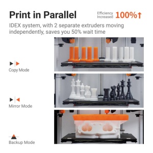 Imprimanta 3D Snapmaker J1S, Idex, doua capete de printare independente, Tehnologie FFF (Fused Filament Fabrication), Volum printare Default mode: 300 x 200 x 200mm, Copy Mode: 160 mm × 200 mm × 200 mm, Mirror Mode: 150 mm × 200 mm × 200 mm, Inaltime - Img 2