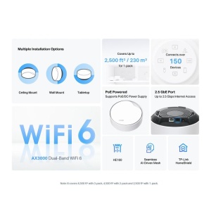 TP-Link AX3000 whole home mesh Wi-Fi 6 System, Deco X50-POE(1-pack); Dual- Band, Standarde Wireless: IEEE 802.11ax/ac/n/a 5 GHz, IEEE 802.11ax/n/b/g 2.4 GHz ,viteza wireless: 5 GHz: 2402 Mbps, 2.4 GHz: 574 Mbps, 2 x antene interne, 2×2 MU-MIMO, Mod - Img 10