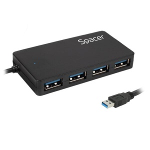 Hub extern Spacer, porturi USB: USB 3.0 x 4, conectare prin USB 3.0, lungime cablu 15cm, negru - Img 1