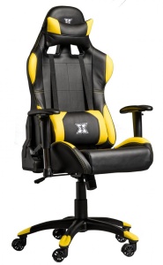 Scaun gaming X by Serioux, Torin, ajustabil, piele sintetica, piston pe gaz, manere reglabile, baza stea cu 5 picioare, greutate maxima admisa 150Kg, perne detasabile, negru si galben - Img 1