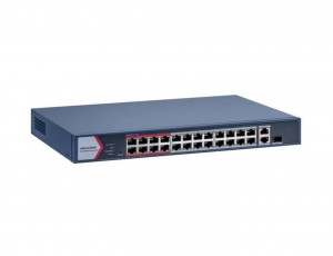 Switch PoE Hikvision DS-3E1326P-EI/M: 24 × 10/100 Mbps PoE port,1 × Gigabit combo,1 × Gigabit RJ45 port, 24 porturi PoE maxim 30W, buget PoE 230W, tensiune alimentara: 100-240 VAC, 50/60 Hz, Max. 4 A, dimensiuni: 335.00 mm × 44.50 mm × 226.00 mm, - Img 1