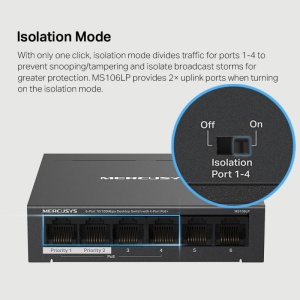 Mercusys Desktop Switch MS106LP 6 porturi 10/100Mbps, Standarde si protocoale IEEE 802.3x Flow Control, 4 porturi POE, buget POE 40W, dimensiuni: 99.8*98*25mm. - Img 12