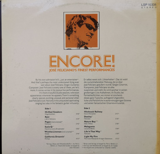José Feliciano – албум Encore! José Feliciano&#039;s Finest Performances - Img 2